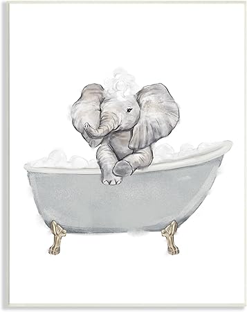 Stupell Industries Baby Elephant Bubble Claw Bathtub Safari Animal Bathroom, Designed by Ziwei Li Wall Plaque, 13 x 19, White