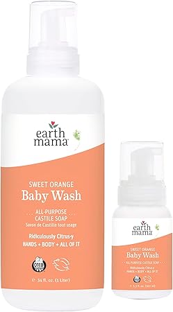 Earth Mama Sweet Orange Baby Wash Liquid Foaming Hand Soap Refill, Organic All Purpose Body Wash, Sensitive Skin Castile Soap with Coconut Oil, Shea Butter, Calendula, & Aloe, 5.3 fl oz & Liter