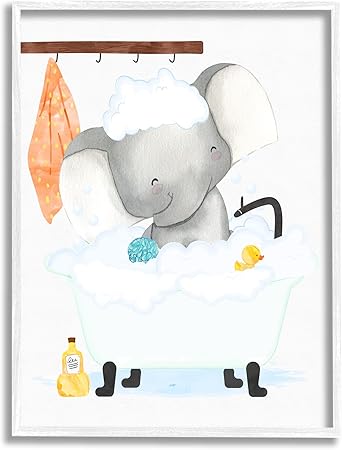 Stupell Industries Children's Baby Elephant Bubble Bath Rubber Duck Bathroom White Wall Art, Framed