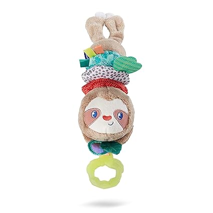 Infantino Music & Motion Pulldown Sloth - Musical Plush Sloth with Multi-Textured teether for Tactile Exploration, Easily attaches to Strollers and Gyms, BPA-Free