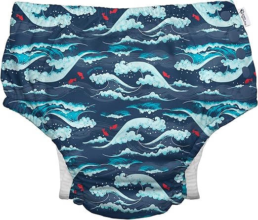 i play. by green sprouts Reusable, Eco Snap Swim Diaper with Gussets, UPF 50, 18 mo, Navy Tidal Waves, Patented Design, STANDARD 100 by OEKO-TEX Certified