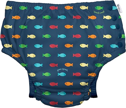 i play. by green sprouts Reusable, Eco Snap Swim Diaper with Gussets, UPF 50, Patented Design, STANDARD 100 by OEKO-TEX Certified - Navy Fish Geo, 18 mo