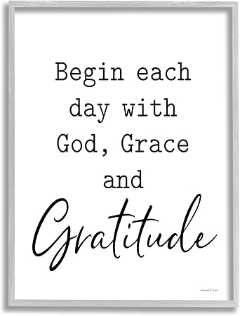 Stupell Industries Begin Each Day with God Grace Gratitude Phrase, Designed by Lettered and Lined Gray Framed Wall Art, 24 x 30, Off- White