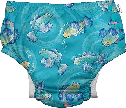 i play. by green sprouts Reusable, Eco Snap Swim Diaper with Gussets, UPF 50, 6 mo, Aqua Mandarin Fish - Biodiversity, Patented Design, STANDARD 100 by OEKO-TEX Certified