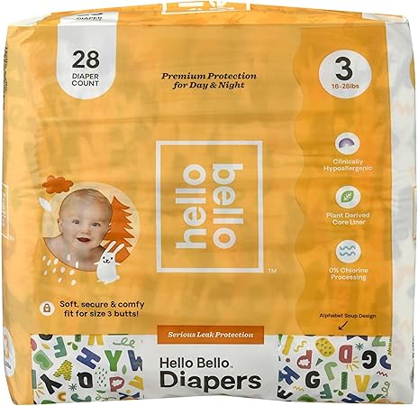 Hello Bello Premium Baby Diapers Size 3 27 Count of Disposable, Extra-Absorbent, Hypoallergenic, and Eco-Friendly Baby Diapers with Snug and Comfort Fit Alphabet Soup