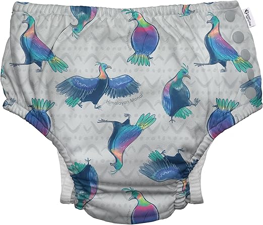 i play. by green sprouts Reusable, Eco Snap Swim Diaper with Gussets, UPF 50, 6 mo, Gray Himalayan Monal- Biodiversity, Patented Design, STANDARD 100 by OEKO-TEX Certified