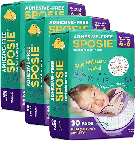 Sposie Booster Pads, Stop Overnight Diaper Leaks, Adhesive-Free for Easy repositioning, Helps Reduce Nighttime Diaper Changes and Diaper Rash, Use with Sizes 4-6, 90 ct.