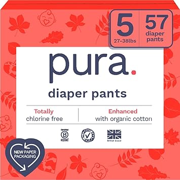 Pura Size 5 Diaper Pants - 3 x 19 Diapers, 57 Total (26-37lbs), Pull Up Disposable Baby Diapers for Sensitive Skin, Hypoallergenic, Fragrance Free, Totally Chlorine Free, Easy-Tear Sides