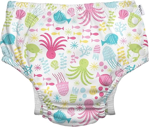 i play. by green sprouts Reusable, Eco Snap Swim Diaper with Gussets, UPF 50, Patented Design, STANDARD 100 by OEKO-TEX Certified - White Sea Pals, 18 mo