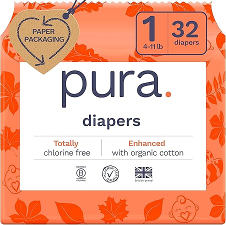 Pura Size 1 Eco-Friendly Diapers (4-11lbs) Hypoallergenic, Soft Organic Cotton Comfort, Sustainable, Wetness Indicator, Allergy UK Certified. Newborn 1 Pack of 32 Baby Diapers