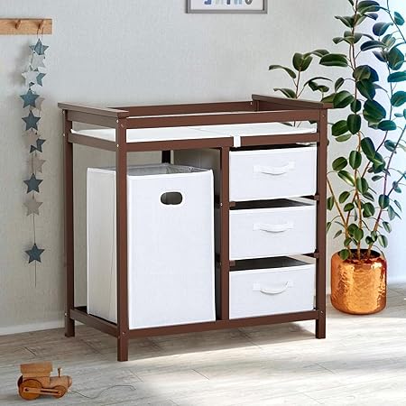 Wooden Baby Changing Table, Modern Diaper Changing Table, Infant Diaper Changing Station Dresser with Laundry Hamper, 3 Drawer Basket and Changing Pad