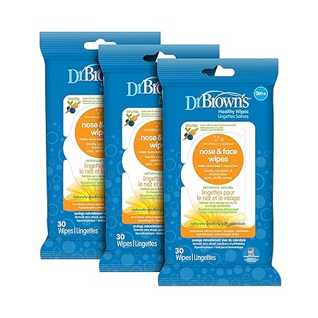 Dr. Brown's Healthy Nose and Face Wipes, Naturally Cleaning and Moisturizing for Baby & Toddler, Plant Based and Hypoallergenic, 30 Count, 3 Pack