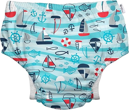 i play. by green sprouts Reusable, Eco Snap Swim Diaper with Gussets, UPF 50, 6 mo, Aqua Wavy Nautical, Patented Design, STANDARD 100 by OEKO-TEX® Certified