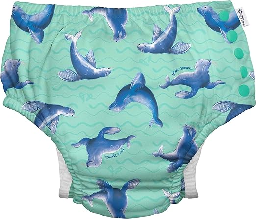 i play. by green sprouts Reusable, Eco Snap Swim Diaper with Gussets, UPF 50, 4T, Seafoam Sea Lions - Galapagos, Patented Design, STANDARD 100 by OEKO-TEX Certified