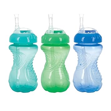 NUBY 3 Pack No Spill Flex Straw Toddler Sippy Cups - Toddler Cups Spill Proof with Easy and Firm Grip - Toddlers Cups - Green, Blue, Aqua