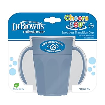 Dr. Brown's Milestones Cheers 360 Cup Spoutless Transition Cup with Handles for Easy Grip & Leak-Free Learning, Blue, 7oz/200mL, 6m+ (Colors May Vary)