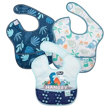 Bumkins Bibs for Girl or Boy, SuperBib Baby and Toddler for 6-24 Months, Essential Must Have for Eating, Feeding, Baby Led Weaning Supplies, Mess Saving, 3-pk Hangry, Dinosaurs, and Blue Tropic