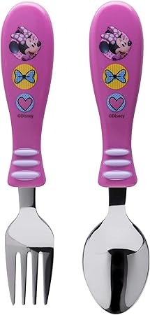 Zak Designs Minnie Easy Grip Flatware Fork And Spoon Utensil Set – Stainless Steel, Plastic, Perfect for Toddler Hands With Fun Characters, Contoured Handles And Textured Grips, Minnie Bowtique