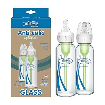 Dr. Brown's Natural Flow Anti-Colic Options+ Narrow Glass Baby Bottle 8 oz/250 mL, with Level 1 Slow Flow Nipple, 2 Pack, 0m+