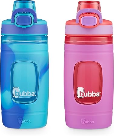 Bubba Brands Flo Kids Water Bottle with Leak-Proof Lid, Pool Blue Wash & Mixed Berry, 16 Ounce, 2-Pack