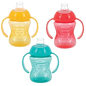 Nuby 3 Pack Two Handle No Spill Toddler Sippy Cups - Toddler Cups Spill Proof with Easy and Firm Grip - Toddlers Cups - Aqua, Yellow, Coral