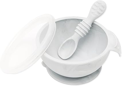 Bumkins Baby Bowl, Silicone Baby Feeding Set with Suction for Baby and Toddler, Includes Spoon and Lid, First Feeding Set, Essential for Baby Led Weaning for Babies 4 Months, Marble