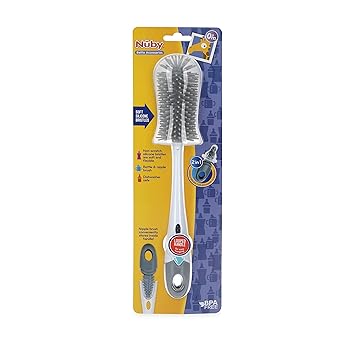 Nuby Soft Non-Scratch Silicone Bristle Bottle & Nipple Brush with Looped Handle, Gray