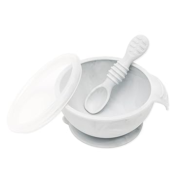 Bumkins Baby Bowl, Silicone Baby Feeding Set with Suction for Baby and Toddler, Includes Spoon and Lid, First Feeding Set, Essential for Baby Led Weaning for Babies 4 Months, Marble