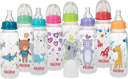 Nuby Printed Non-Drip Bottle, 1 Pack of 1 Bottle, 8 Ounce, Colors May Vary