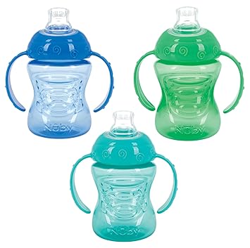 Nuby 3 Pack Two Handle No Spill Toddler Sippy Cups - Toddler Cups Spill Proof with Easy and Firm Grip - Toddlers Cups - Aqua, Blue, Green