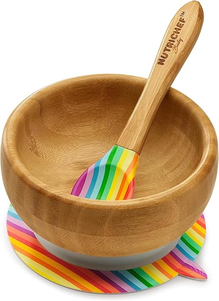 NutriChef Bamboo Baby Feeding Bowl - Wooden Infant Toddler Dish and Spoon Set w/Silicone Suction Base for Stay Put Eating, For Children Aged 4-72 Months (Stripe Bowl)