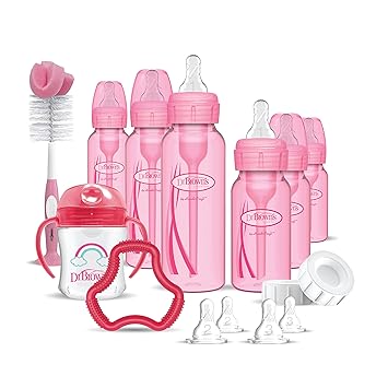 Dr. Brown's Natural Flow Anti-Colic Options+ Special Edition Pink Baby Bottle Gift Set with Soft Sippy Spout Transition Cup, Flexees Teether, Bottle Cleaning Brush and Travel Caps