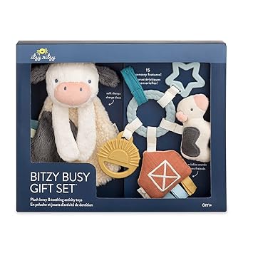 Itzy Ritzy Farm Toy Gift Set - Includes Cow Lovey & Farm-Themed Busy Ring Car Seat and Stroller Toy - Features Crinkle Sounds, Engaging Textures & Silicone Teething Relief (Farm)