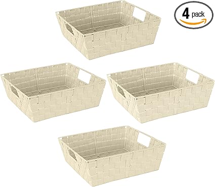 Simplify Large Shelf Woven Strap Tote | Decorative Storage Basket | Built in Handles | Organization | Closet | Bedroom | Bathroom | Nursery | Accessories | Toys | Gifts | 4 Pack | Ivory