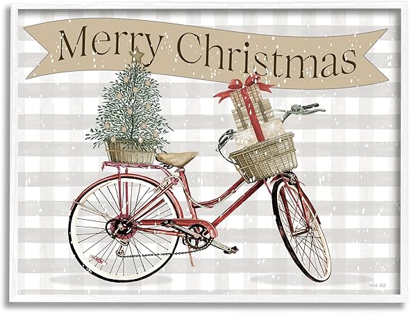 Stupell Industries Christmas Banner Beige Gingham Bicycle Gift Basket, Design by Cindy Jacobs