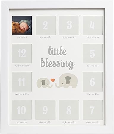 Kate & Milo My First Year Photo Frame, Baby Milestone Picture Frame, Newborn Keepsake, Elephant Nursery Décor, Baby Girl and Baby Boy Gift, Little Blessing, White