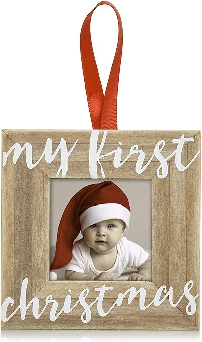 Pearhead Baby’s First Christmas Wooden Picture Frame Ornament, Newborn Milestone Keepsake Photo, Holiday Gift For New and Expecting Parents, Rustic My First Christmas Ornament