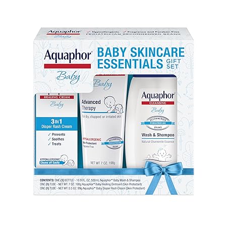 Aquaphor Baby Skincare Essentials Gift Set with Aquaphor Baby Wash and Shampoo, Aquaphor Baby Healing Ointment, and Aquaphor Diaper Rash Cream, 3 Pieces