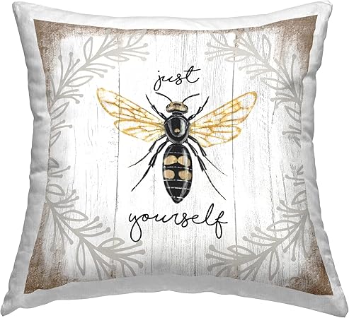 Stupell Industries Just Be Yourself Sentiment Country Charm Bee Design by Elizabeth Tyndall Pillow, 18 x 18, Brown