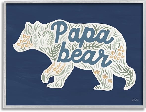 Stupell Industries Blue Floral Papa Bear Gray Framed Giclee Art Design by Laura Marshall