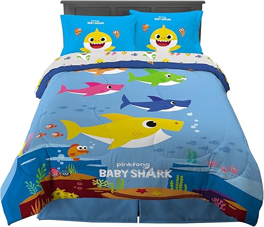 Franco Kids Bedding Super Soft Comforter and Sheet Set, 5 Piece Full Size, Baby Shark