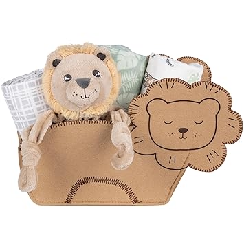 Welcome Baby Lion Shaped 5 Piece Gift Set, Includes 3 Flannel Swaddle, Lion Security Blanket, and A Lion Shaped Storage Container