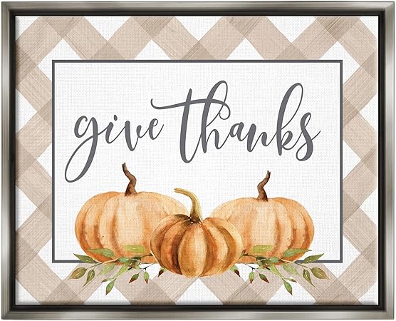 Stupell Industries Give Thanks Calligraphy Autumnal Tartan Pumpkin Border Floating Framed Wall Art, Design By Lettered and Lined