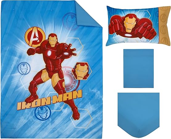 Marvel Avengers - Iron Man Blue, Red, and Gold 4 Piece Toddler Bedding Set - Comforter, Fitted Bottom Sheet, Flat Top Sheet and Reversible Pillowcase