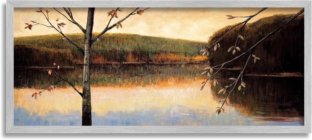 Stupell Industries Autumn Trees by Lake Gray Framed Giclee Art Design by Justin Adams