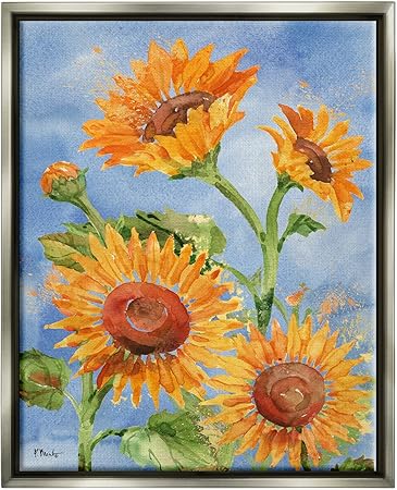 Stupell Industries Watercolor Sunflowers on Blue Gray Framed Floater Canvas Wall Art Design by Paul Brent