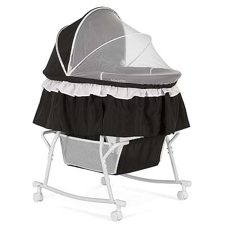 Dream On Me Lacy Portable 2-in-1 Bassinet & Cradle in Black, Lightweight Baby Bassinet with Storage Basket, Adjustable and Removable Canopy