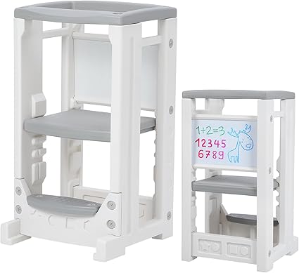 Toddler Tower Toddler Step Stool with Whiteboard & 4 Adjustable Heights, Toddler Kitchen Stool Helper with Safety Rail, Baby Standing Tower Montessori Learning Step Stools for Kids Boys Girls Children