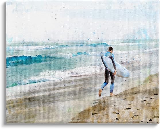 Stupell Industries Summer Surfer Walking Coast Incoming Tide Sandy Footprints Canvas Wall Art, 20 x 16, Blue