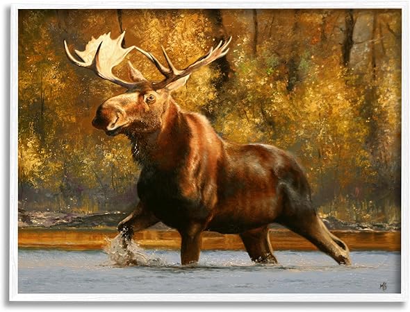 Stupell Industries Moose Stepping River Foliage White Framed Giclee Art Design by Mark Kelso